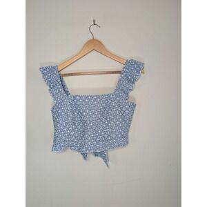 Kirious‎ Los Angeles Blue White Floral Eyelet Ruffle Tie Back Crop Top Medium